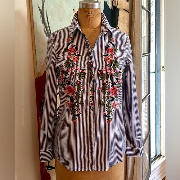 Pretty Floral Embroidered Oxford Stripe Button Down Shirt - Picture 2 of 7